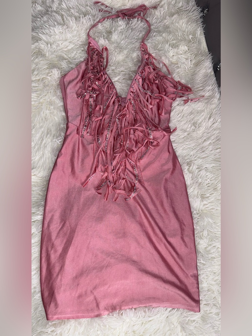 Banjul Pink Halter Fringe Mini Dress